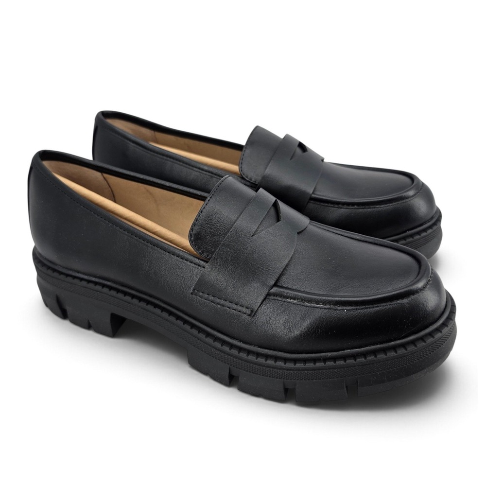 Sun + Stone Lanaa Lug Sole Penny Loafers Black Leather Flats Womens 8 New - Picture 2 of 7